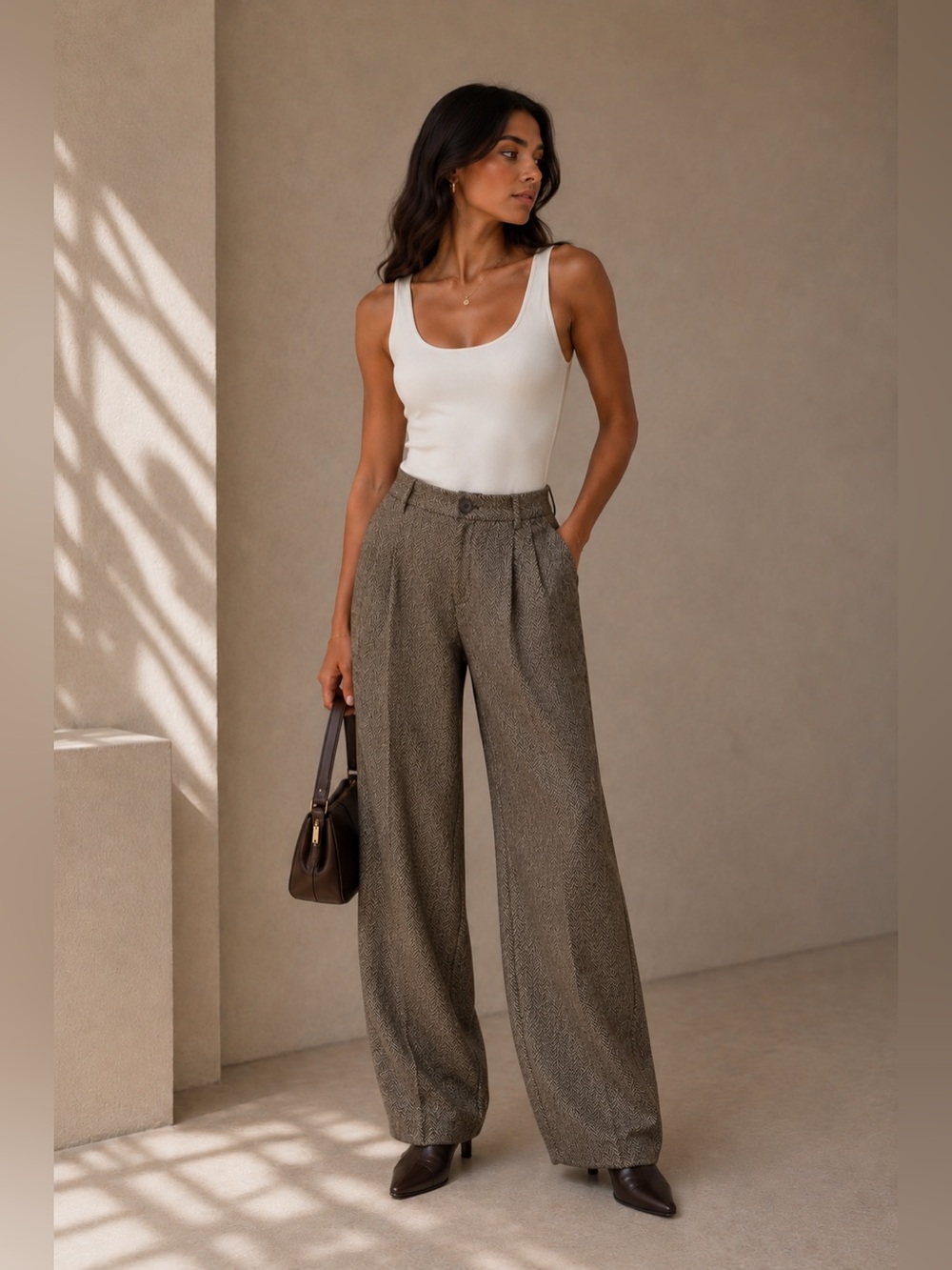 Commense Tweed Wide-Leg Pants in Brown